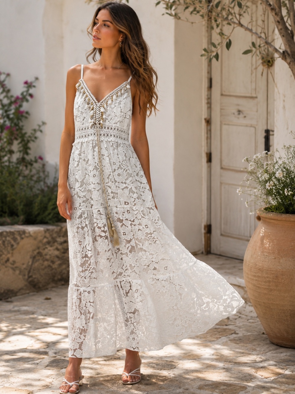 MADE IN ITALY  Lace Maxi Dress with V-Neck and Tassel Detail